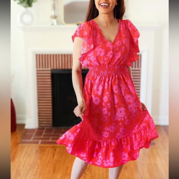 NEW Remember Me Red & Pink Floral Print Smocked Waist Midi Dress - Picture 7 of 14